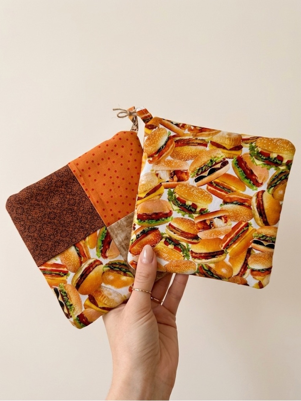Handmade Hamburger Patchwork Trivets Set Brown Orange Quilted